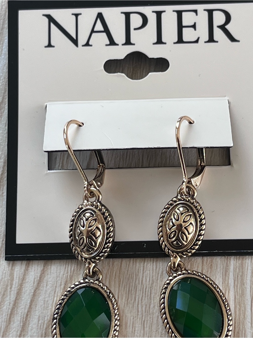 Napier Gold-Tone Earrings with Faceted Forest Green Drops